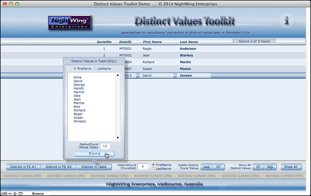 Distinct Values Toolkit demo for FileMaker Pro 13 and later