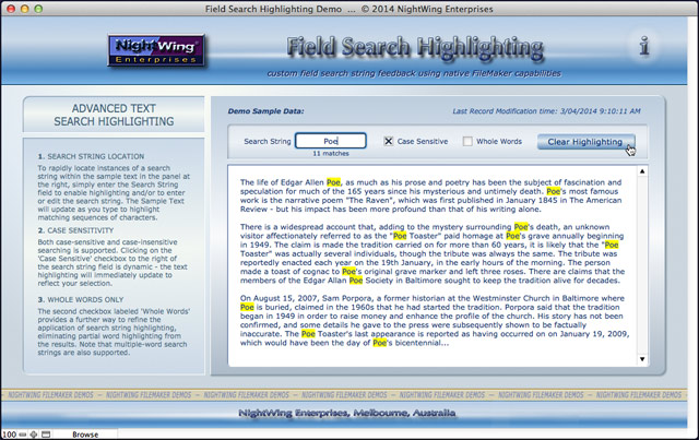 Field Search Highlighting demo for FileMaker Pro 13 and later